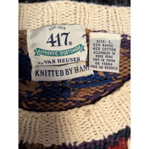 417 By Van Heusen Hand Knit Sz Large Unisex Heavy Knit Sweater Geometric Fall - Picture 4 of 4